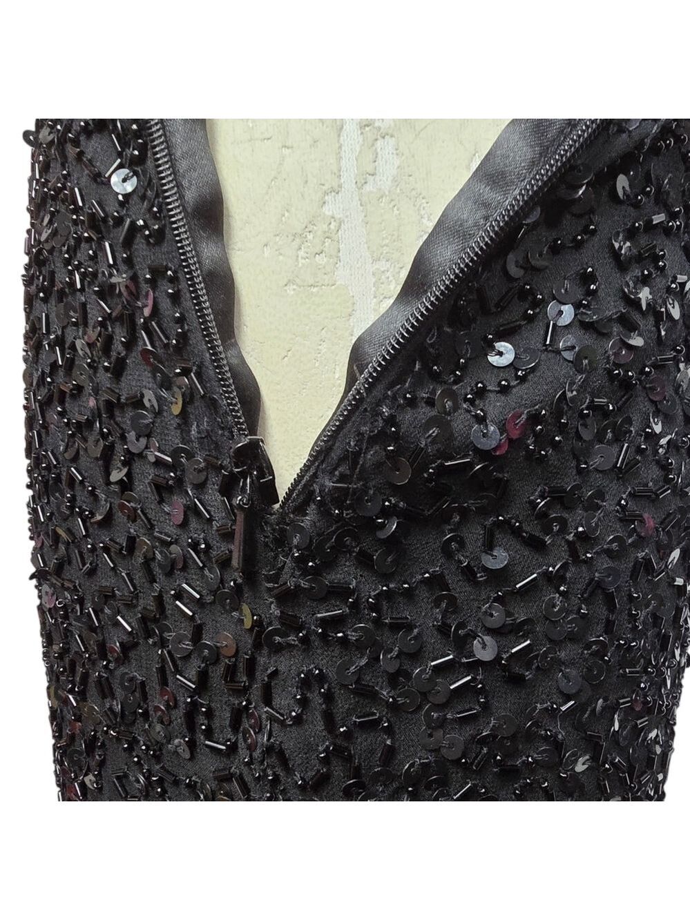 Scala Black Sequin Beaded V Neck Maxi Front Zip Vintage Silk Slit Maxi Dress M - Picture 7 of 12